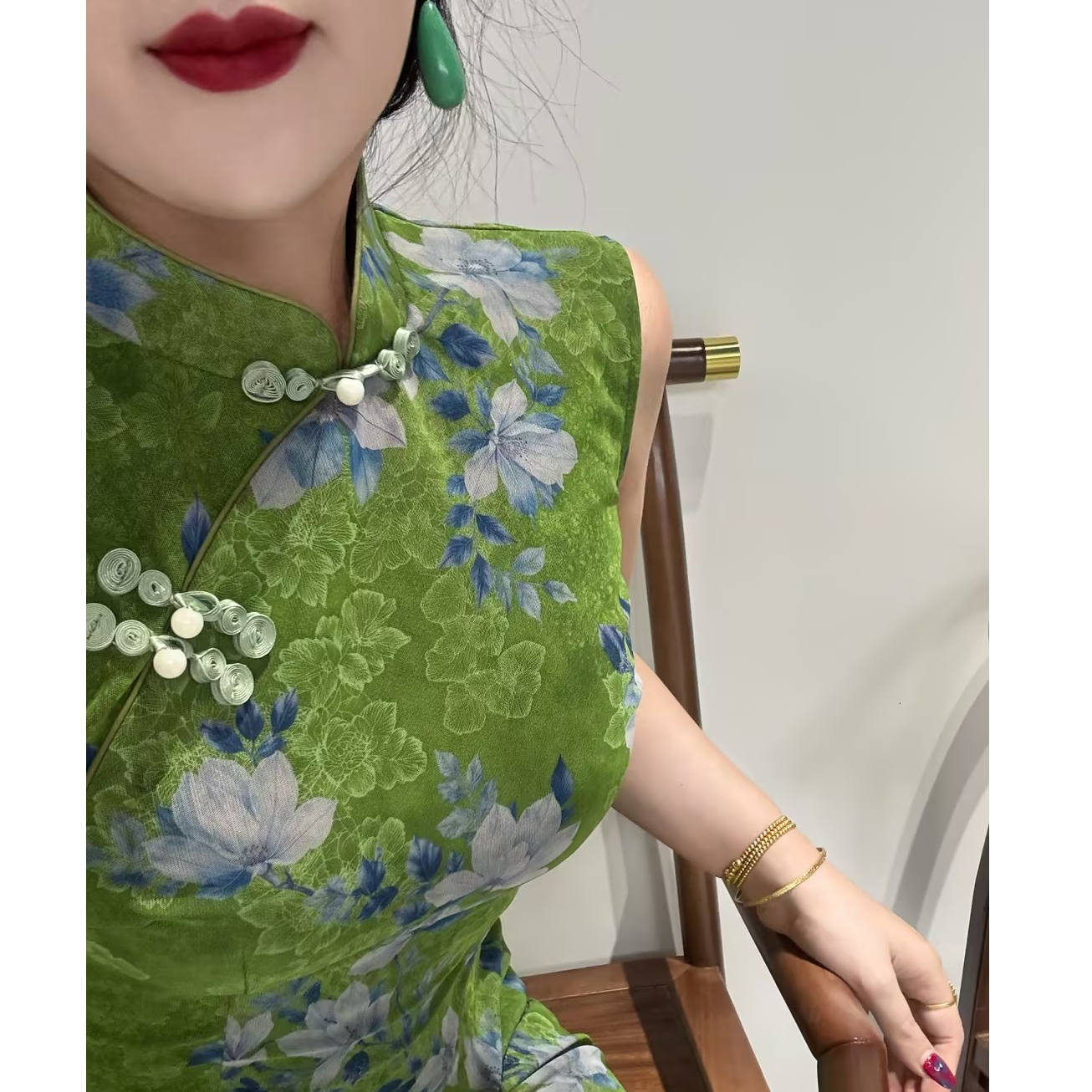 画报夫人原创自制弹力网纱气质显瘦无袖旗袍 南风港工