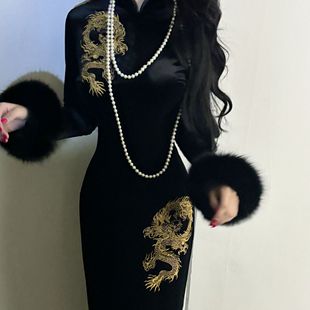 画报夫人原创自制高级刺绣龙丝绒旗袍连衣裙 金龙 长袖