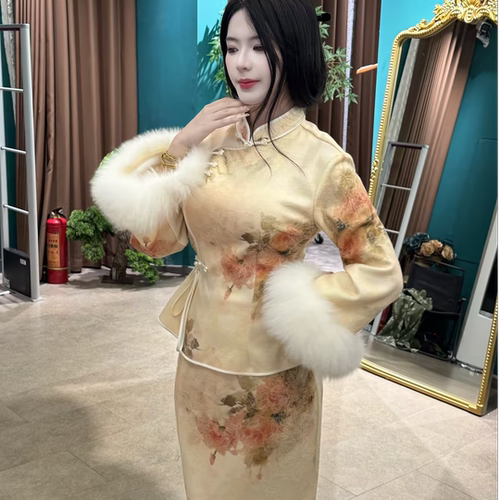 LHMknk1画报夫人原创秋冬国风显白气质狐狸毛旗袍 小姐梦两件套