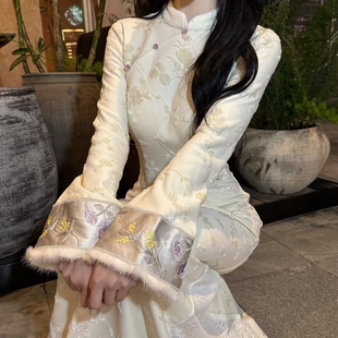 画报夫人原创温柔植绒米白旗袍鱼尾蕾丝拼接 温柔白