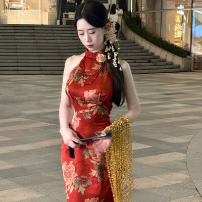 画报夫人原创自制显瘦风情新中式国风旗袍 留红美人挖肩