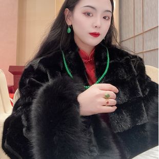 画报夫人原创秋冬厚款 仿貂皮毛一体黑色外套 真狐狸毛袖