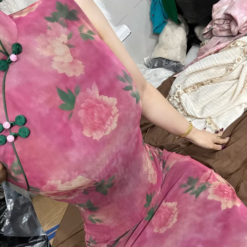 LHMknk1画报夫人原创自制复古温柔弹力网纱显瘦旗袍 桃花牡丹旗袍