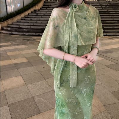 画报夫人原创温柔纯欲手工花朵挖肩鱼尾连衣裙  绿珠心