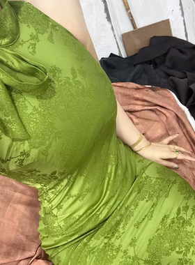 LHMknk1画报夫人原创自制提花斜裁鱼尾旗袍连衣裙 斜裁美人蕉绿