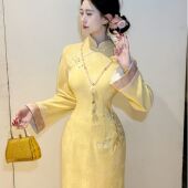 LHMknk1画报夫人原创自制秋冬厚款 粉色旗袍刺绣倒大袖 鹅黄粉黛