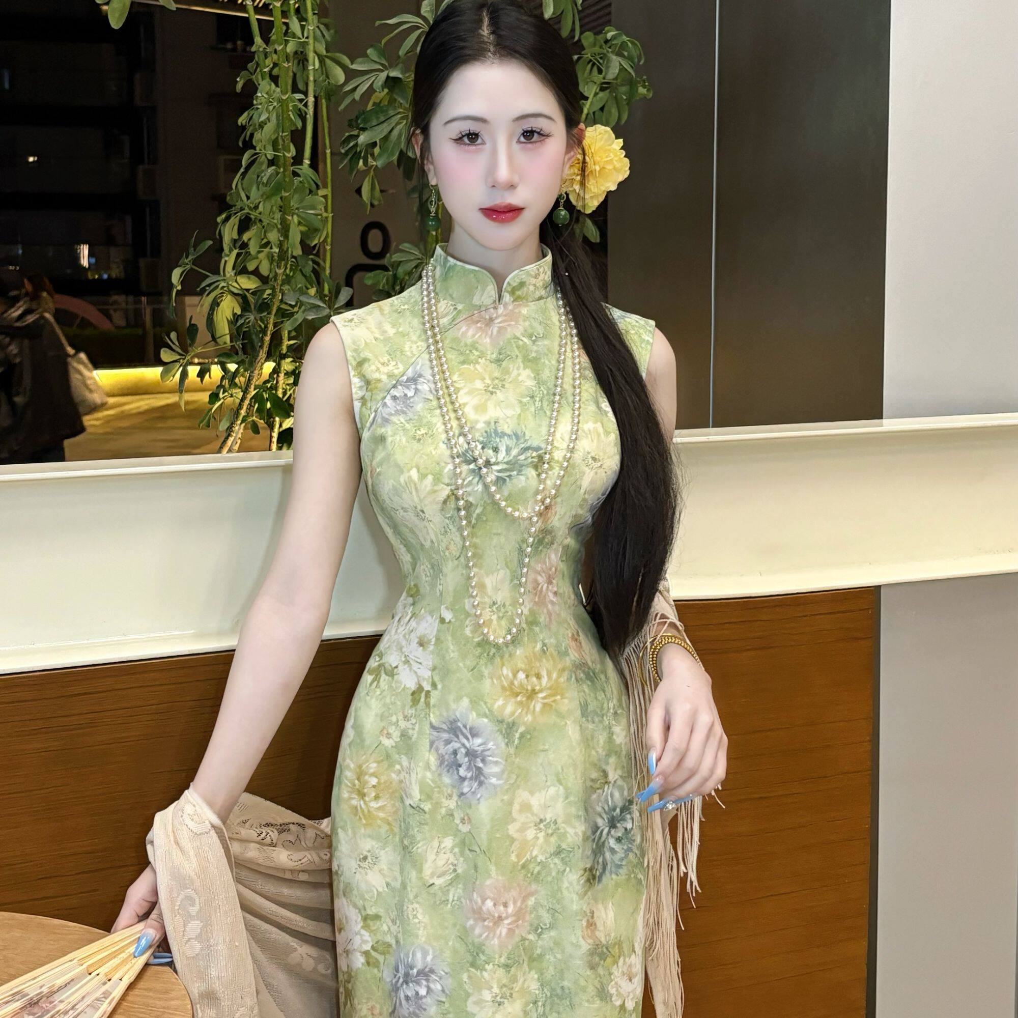 LHMknk1画报夫人原创自制竹节麻高级温柔夏季无袖旗袍 夏季花主