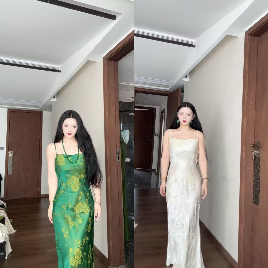 LHMknk1画报夫人原创自制高级提花斜裁人丝荡领吊带连衣裙合集