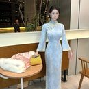 画报夫人原创自制秋冬麂皮绒珠链蕾丝秋季 婴蓝太太 旗袍