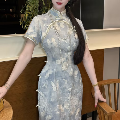 画报夫人原创自制新中式国风清冷感旗袍 灰蓝冷蝶短袖