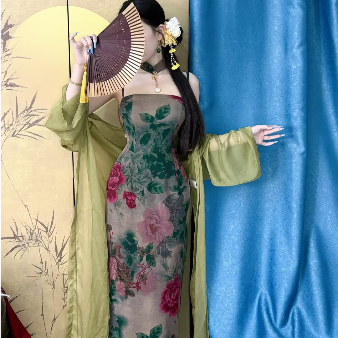 LHMknk1画报夫人原创复古温柔弹力网纱大花朵旗袍 城中花王吊带