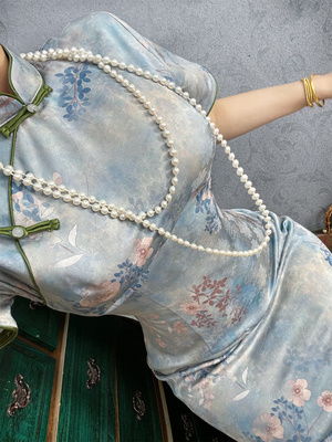 画报夫人原创自制新中式国风改良温柔旗袍连衣裙 蓝木桥