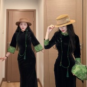 LHMknk1画报夫人原创自制秋冬中式 贵气丝绒旗袍连衣裙 蓬莱绿