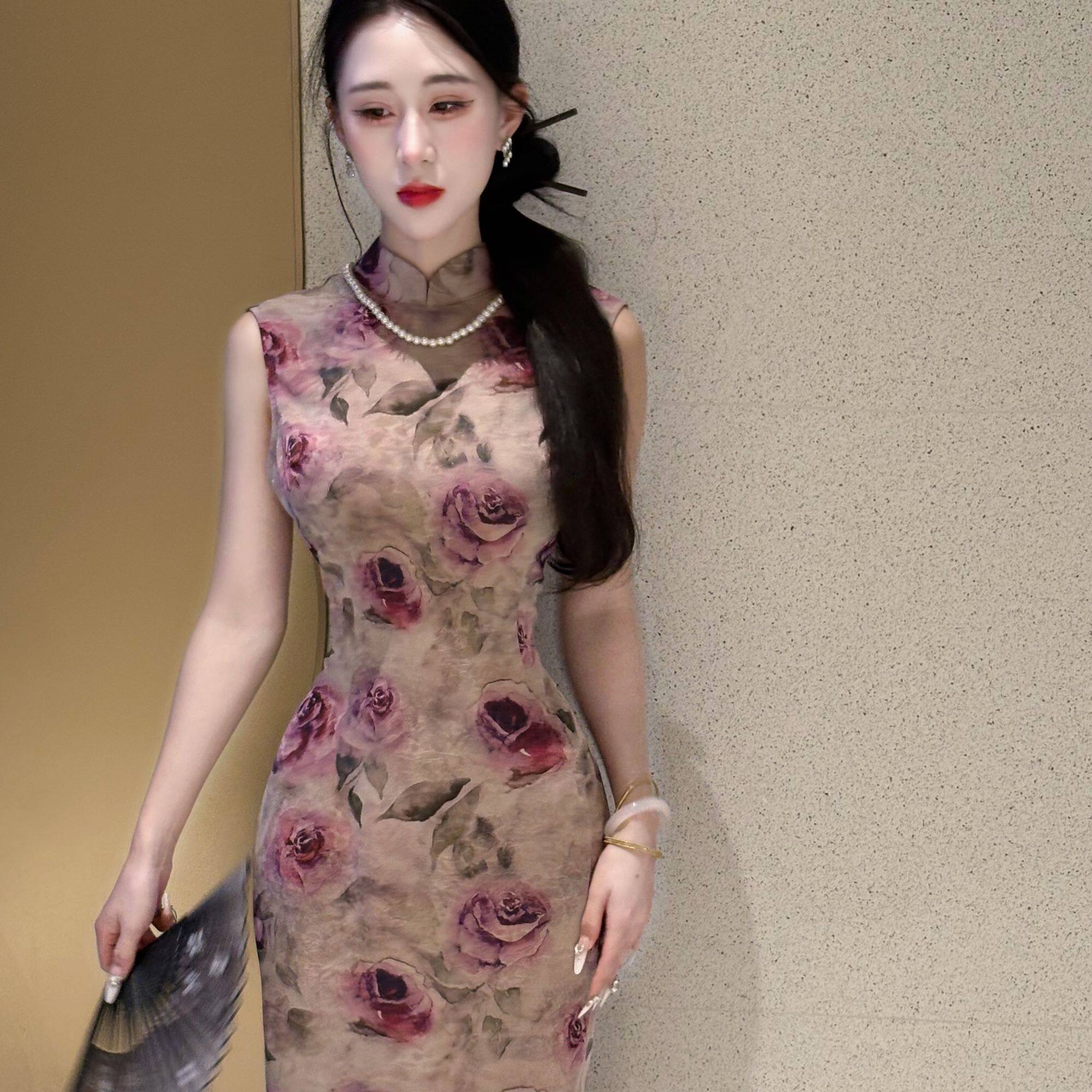 画报夫人原创自制改良夏季显瘦国风新中式旗袍 紫晕玫瑰