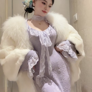 画报夫人秋冬皮草贵妇外套米色蝙蝠袖阔版兔毛貉子毛外套