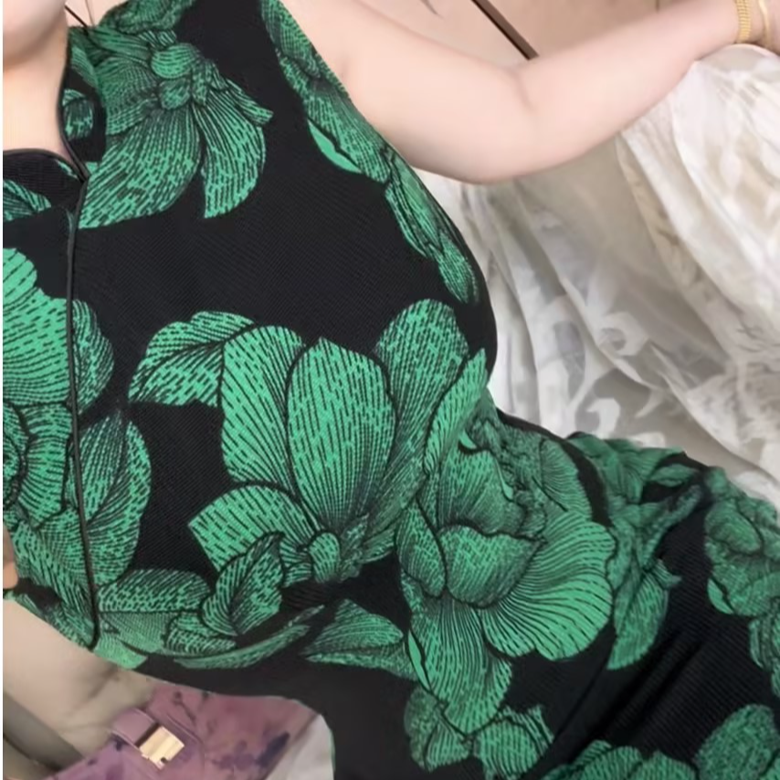 LHMknk1画报夫人纯手工复古大花朵弹力港工无袖旗袍 尤物绿牡丹