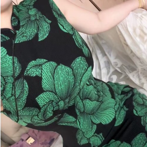 LHMknk1画报夫人纯手工复古大花朵弹力港工无袖旗袍 尤物绿牡丹