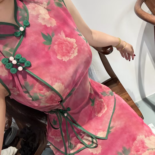 LHMknk1画报夫人原创新中式国风网纱弹力旗袍两件套桃花牡丹
