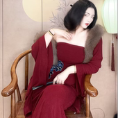 画报夫人原创春款 针织禅意外套 贵气红色披肩外套