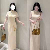 畫報夫人原創(chuàng)自制國風甜美顯瘦手工新中式刺繡旗袍 白竹
