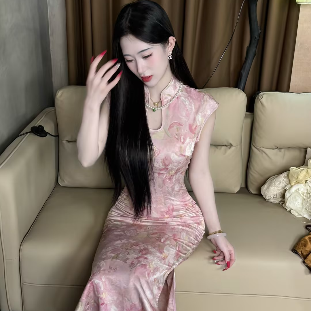 LHMknk1画报夫人原创提花缎面水滴领粉色旗袍 水滴领纯爱粉玉兰
