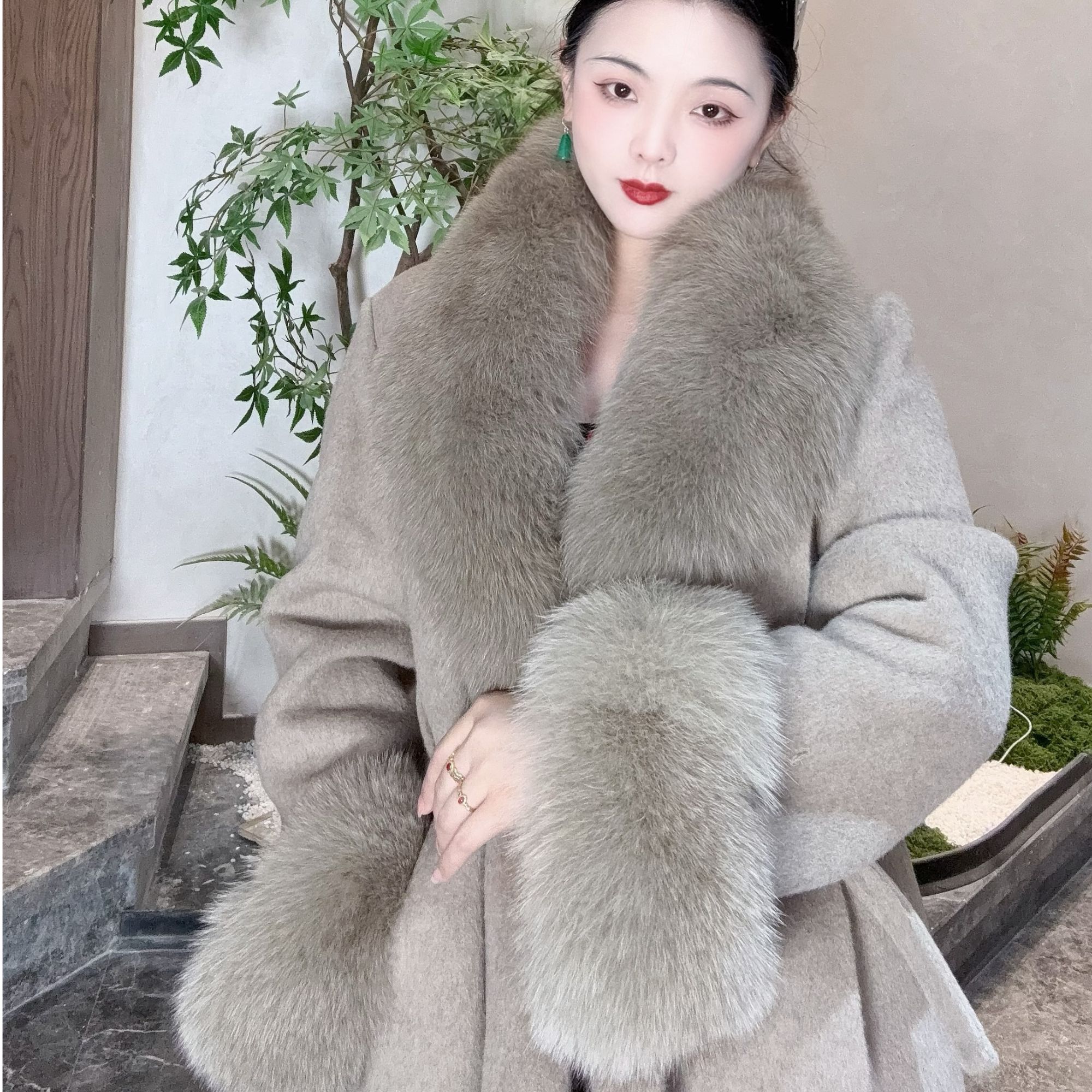 LHMknk1画报夫人原创自制秋冬气质贵妇长款燕麦色双面羊毛大衣