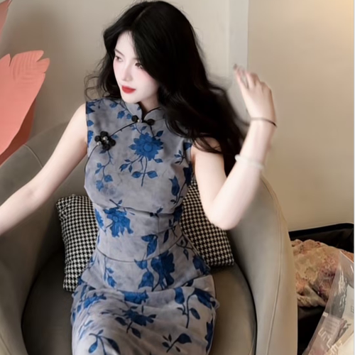 画报夫人原创复古温柔弹力网纱无袖花朵旗袍 无袖瓷花