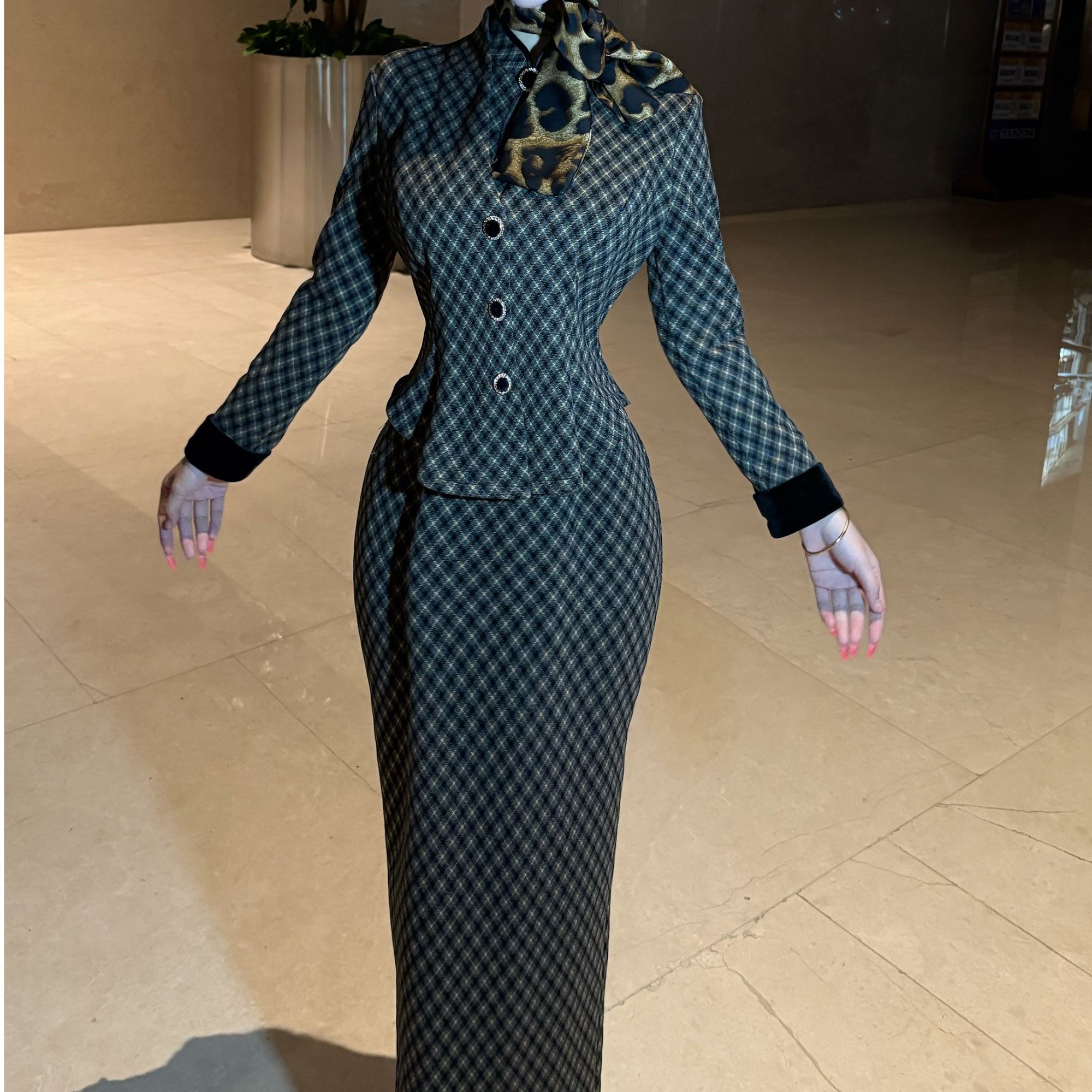 画报夫人原创自制格子复古气质女郎套装秋季旗袍 格子女郎