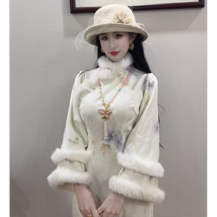 LHMknk1画报夫人原创自制秋冬兔毛倒大袖旗袍 珊瑚紫薇
