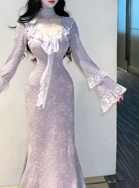 画报夫人原创自制针织蕾丝温柔复古淡紫色仙女裙步步生莲