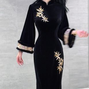 金竹倒大袖 LHMknk1画报夫人原创自制高级金竹刺绣倒大袖 水貂旗袍