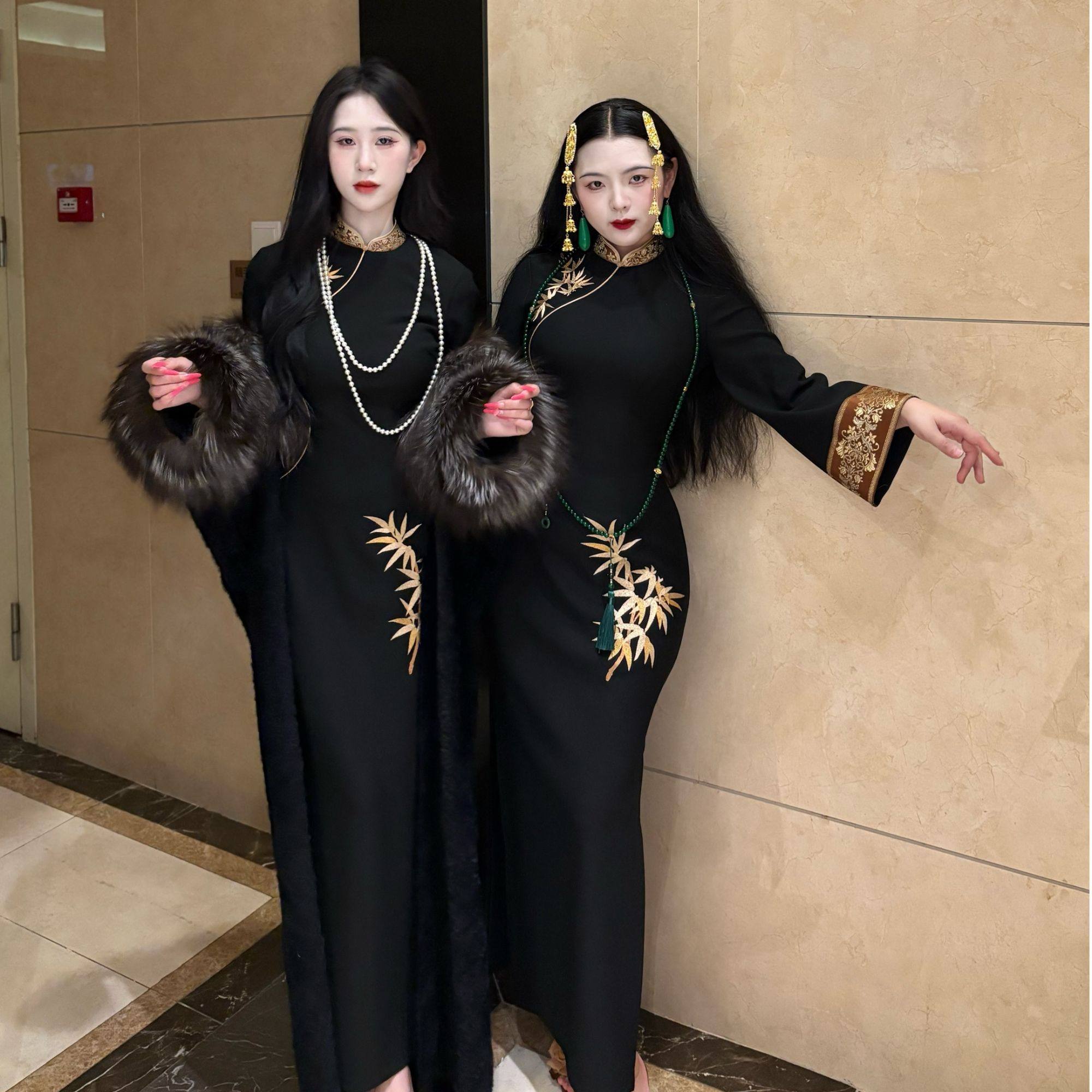 LHMknk1画报夫人原创自制中式弹力西装刺绣显瘦黑金旗袍 金边金竹