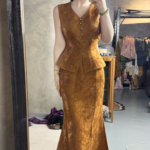 LHMknk1画报夫人浮光锦提花v领老钱风套装旗袍 浮华棕鱼尾两件套