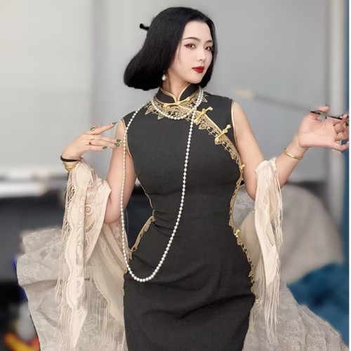 LHMknk1画报夫人原创复古蕾丝金线花边手工旗袍显瘦气质灰金太太