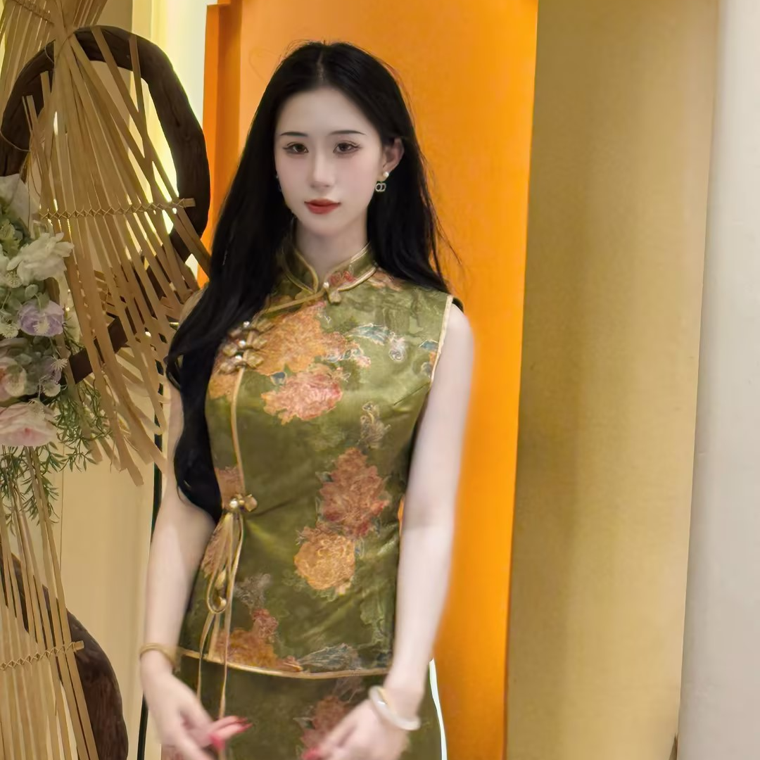 画报夫人原创新中式国风提花缎面旗袍两件套 梦夏套装