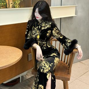 LHMknk1画报夫人原创自制高级重工烫金秋冬国风旗袍 金妃花倒大袖