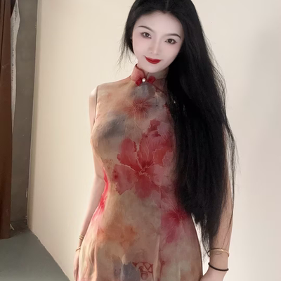 画报夫人原创自制新中式国风弹力网纱晕染旗袍 涟漪