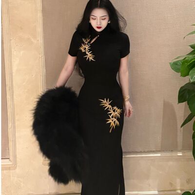 LHMknk1画报夫人原创自制新中式刺绣旗袍弹力西装连衣裙 短袖金竹