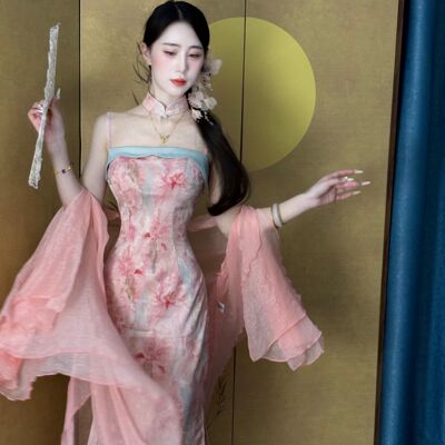 画报夫人原创自制改良夏季中式国风连衣裙显瘦 粉蓝妲己