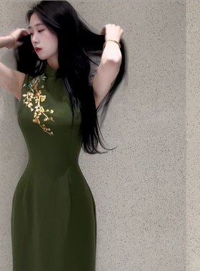 画报夫人原创自制高级刺绣旗袍无袖港工连衣裙  得绿枝