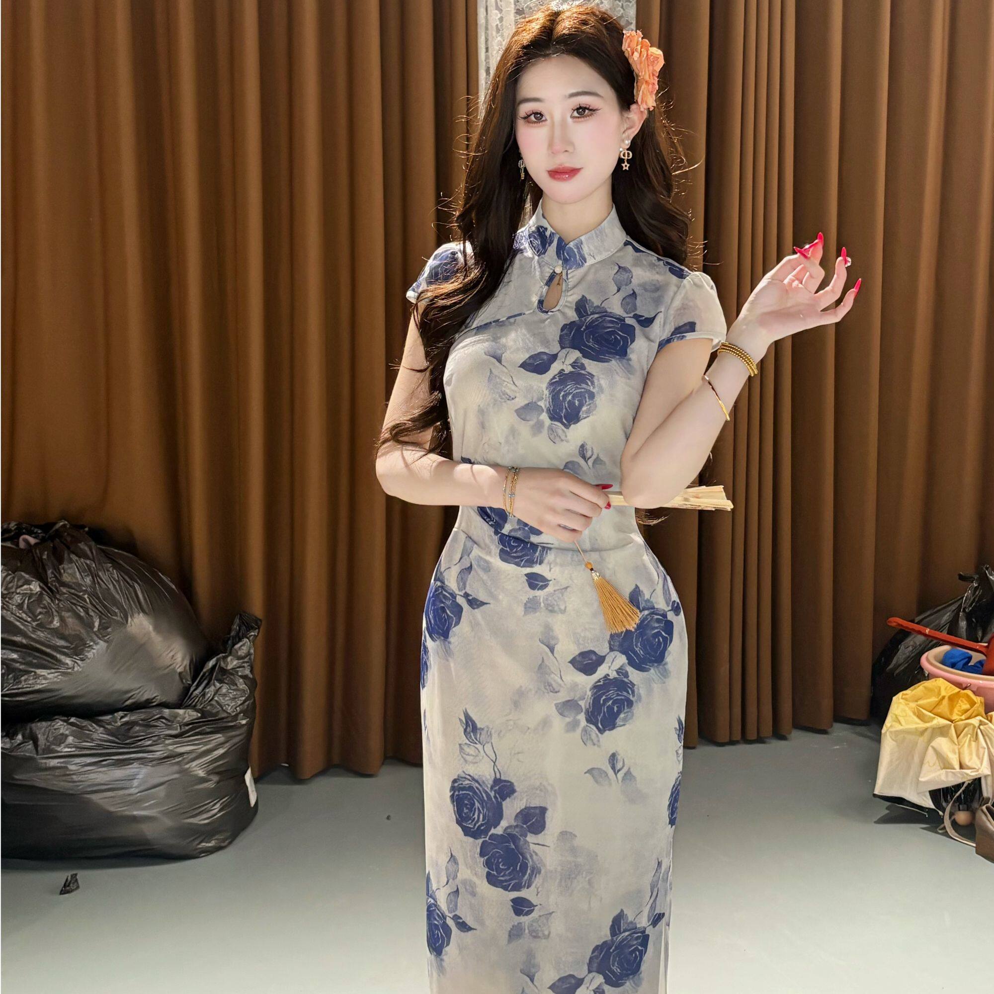 LHMknk1画报夫人原创复古弹力网纱花朵弹力旗袍 短袖扎染蓝牡丹