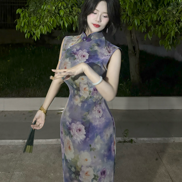 LHMknk1画报夫人原创自制复古温柔弹力网纱旗袍短袖港工紫花身