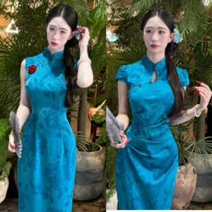 高级烫金旗袍港工连衣裙 画报夫人原创自制新中式 玲珑雀蓝