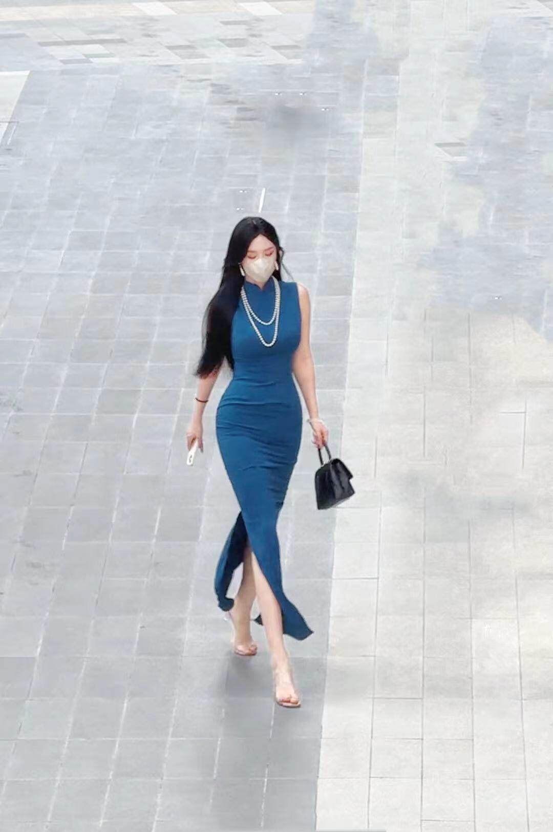 画报夫人原创自制纯色港工旗袍珍珠连衣裙  蓝见你