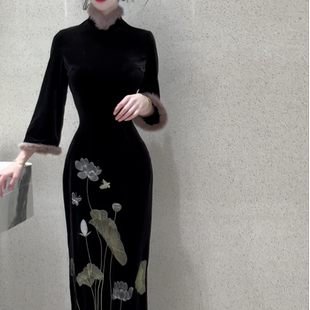 画报夫人原创自制新中式国风高级刺绣荷花旗袍连衣裙   莲仙