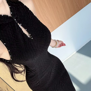 LHMknk1画报夫人原创自制菱格针织手工钉珠显瘦挖肩旗袍 珠缝尤物