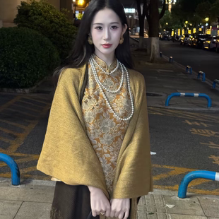 LHMknk1画报夫人同款双色针织百搭温柔披肩 芥末黄双色披肩
