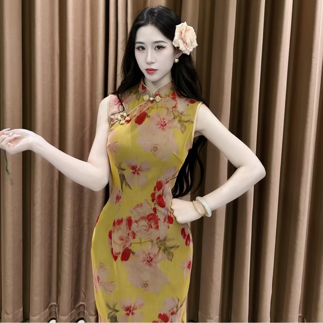LHMknk1画报夫人原创自制弹力网纱无袖复古旗袍 雅梦