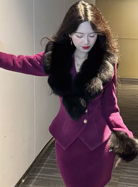 画报夫人复古vintage狐狸毛套装 金融女王紫色套装