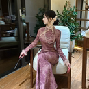 画报夫人原创自制厚款 牡丹珠帘旗袍 针织水貂毛秋冬旗袍